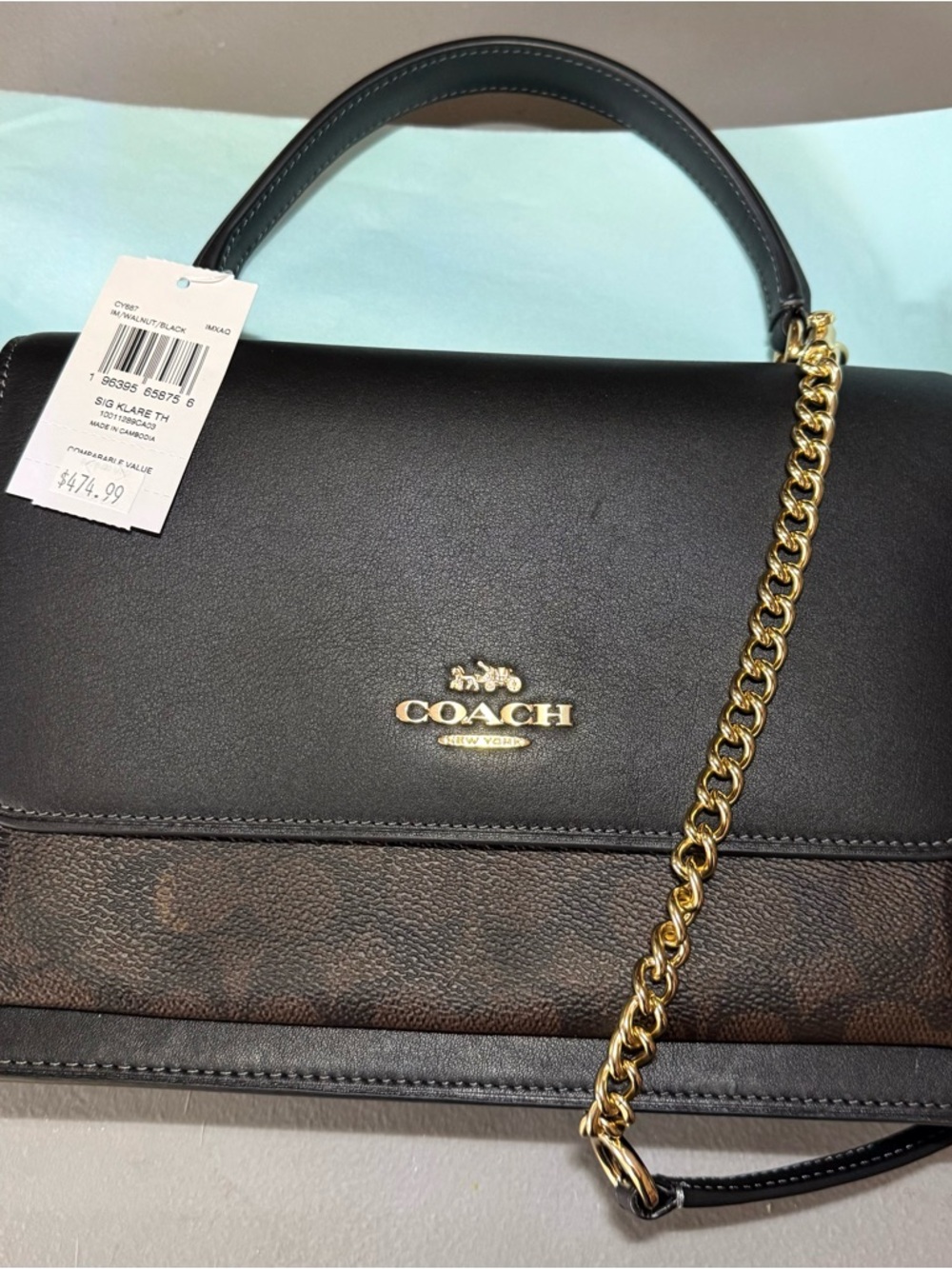 COACH black/walnut Klare Top-Handle Shoulder Bag with Gold Chain NWT